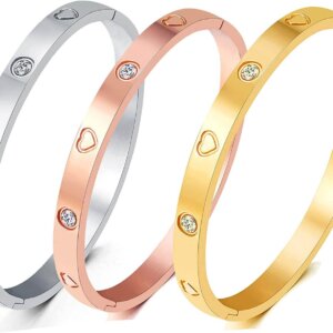 Cubic Zirconia Stone Cuff Bangle Bracelet Stainless Steel Love Friendship