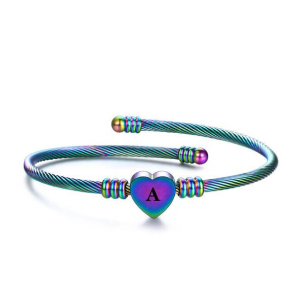 Heart Charm Bangle with Initial Alphabet Letter Engraved