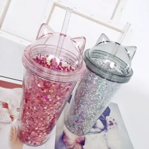 Alternative view of 450ml Double Wall Water Bottle Cat Ear Shape with Straw Glitter RED