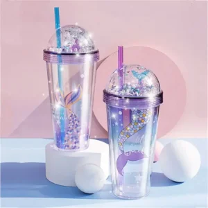 Alternative view of Mermaid Tumblers Gradient Blue Glitter  Double Walled  Durable Drinking Cups with Straw for Kids and Adults 420ml  Smoothie Tumblers Reusable BPA Free