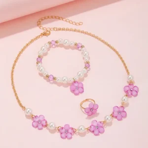 Flower Charm Necklace with Beads Bracelet Ring Set