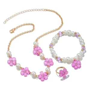 Alternative view of 3Pcs/set Flower Charm Chain Necklace with Beads Bracelet Ring Jewelry Set for Girls