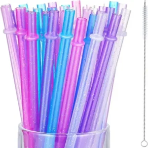 Reusable Drinking Straws Colorful Plastic Straws Clear Glitter with Cleaning Brush