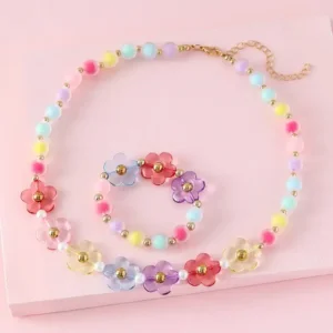 Alternative view of Colorful Acrylic Flower Beaded  Necklace & Bracelet Set, For Girls 2pcs/Set
