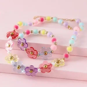 2Pack Girls Flower Beaded Chain Necklace with Bracelet Jewelry Set