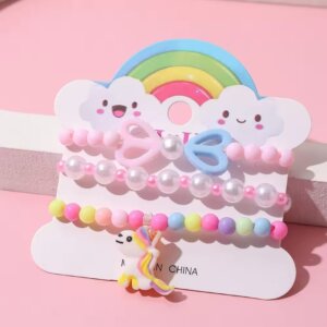 3pcs Toddler Girl Acrylic Unicorn Bow pendant cartoon Charm beaded bracelet