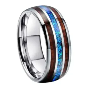 Alternative view of 8mm Tungsten Ring Opal and Silver Koa Wood Inlay for Men | Gift Box Included