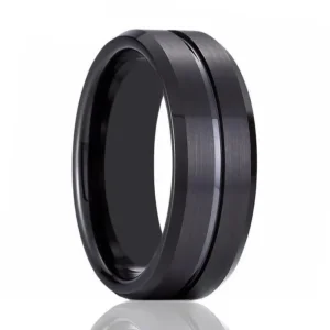 Alternative view of 8mm Men's Black Tungsten Wedding Band Ring – Black Groove with Beveled Edge | Gift Box Included