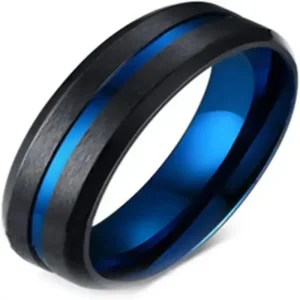 Alternative view of 8mm Black Tungsten Ring with Blue Groove – Brushed & Polished Finish | Gift Box Included