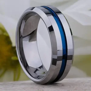 Silver 8mm Tungsten Carbide Ring with Blue Groove