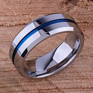 Alternative view of Silver 8mm Tungsten Ring with Blue Groove and Beveled Silver Edges | Gift Box Included
