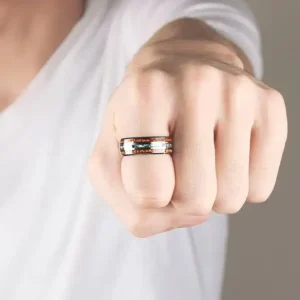 Alternative view of 8mm Tungsten Wedding Band – Abalone Shell & Koa Wood Inlay | Unisex Ring | Gift Box Included