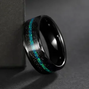 Alternative view of 8mm Black Tungsten Ring with Blue Opal Inlay with Multi-Faceted Edge| Gift Box Included