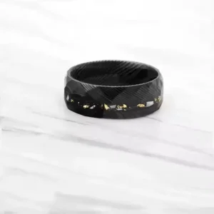 Alternative view of Handcrafted Hammered Damascus Steel Ring with Crushed Meteorite & Gold Leaf Inlay | Gift Box Included
