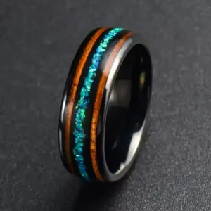 8mm Black Tungsten Ring with Koa Wood Inlay Blue Opal