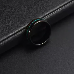 Alternative view of 8mm Black Tungsten Ring with Koa Wood Inlay & Blue Opal – Elegant Wedding Band with Gift Box