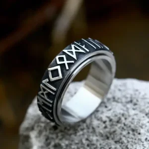 Vintage Viking Rune Spinner Ring | 316L Stainless Steel | Engraved with Norse & Greek Mythology alphabets
