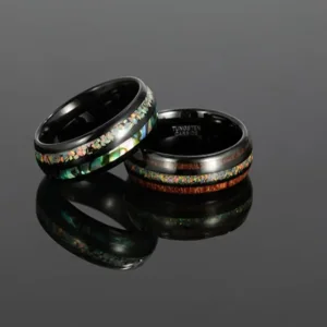 Alternative view of Tungsten Ring 8mm | Hawaiian Koa Wood & Rainbow Abalone Shell Created-Opal Inlay | Gift Box Included