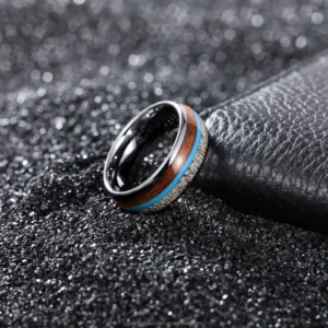 Alternative view of Men's Turquoise Tungsten Carbide Ring Deer Antlers Wood Inlay Real Opal Rings