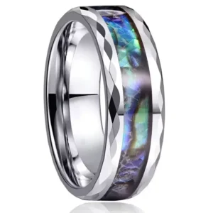 Silver High Polished Multi-color Rainbow Abalone Shell Inlay Tungsten Faceted Edge