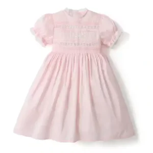 100% Cotton 2025 Baby Girls Summer Pink Short Sleeve Puff Dress Lace Hand Embroidery