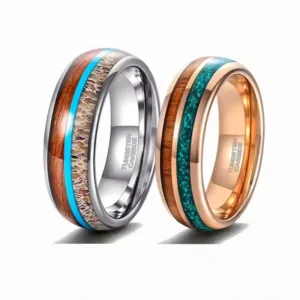 Alternative view of Men's 8mm Rose Gold Tungsten Ring Malachite Turquoise Wood Inlay