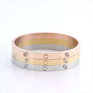 Alternative view of Cubic Zirconia Stone Cuff Bangle Bracelet Stainless Steel Love Friendship