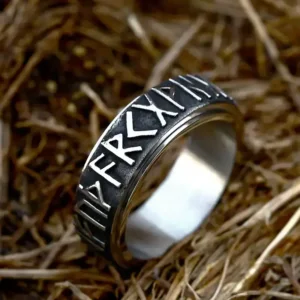 Alternative view of Vintage Viking Rune Spinner Ring | 316L Stainless Steel | Engraved with Norse & Greek Mythology alphabets