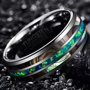 Alternative view of Men's Tungsten Carbide Ring with Real Blue/Green Opal and Abalone Shell | Gift Box Included