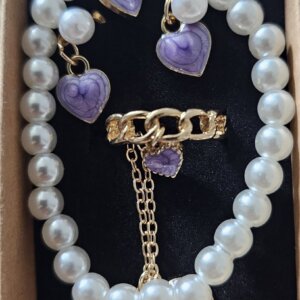 4-Piece Princess Jewelry Set – Faux Pearl Necklace & Bracelet, Heart Ring & Stud Earrings (Purple/Gold)