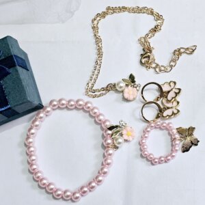 Golden Blossom Jewelry Set for Girls – Pink Pearl & Butterfly Charm Collection.