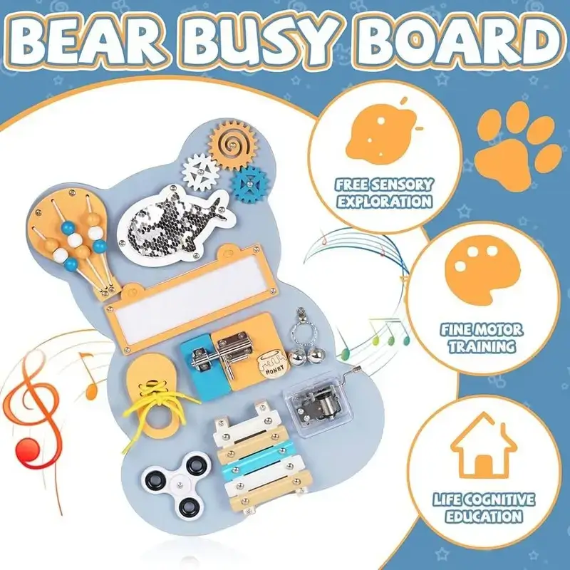 Montessori Bear Busy Wooden Board Sensory Game Activity Learning